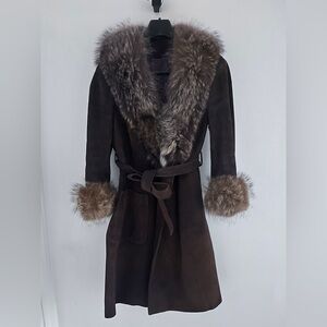 Vintage 70’ Luxurious Brown suede belted  Fur-Trimmed Women's Coat